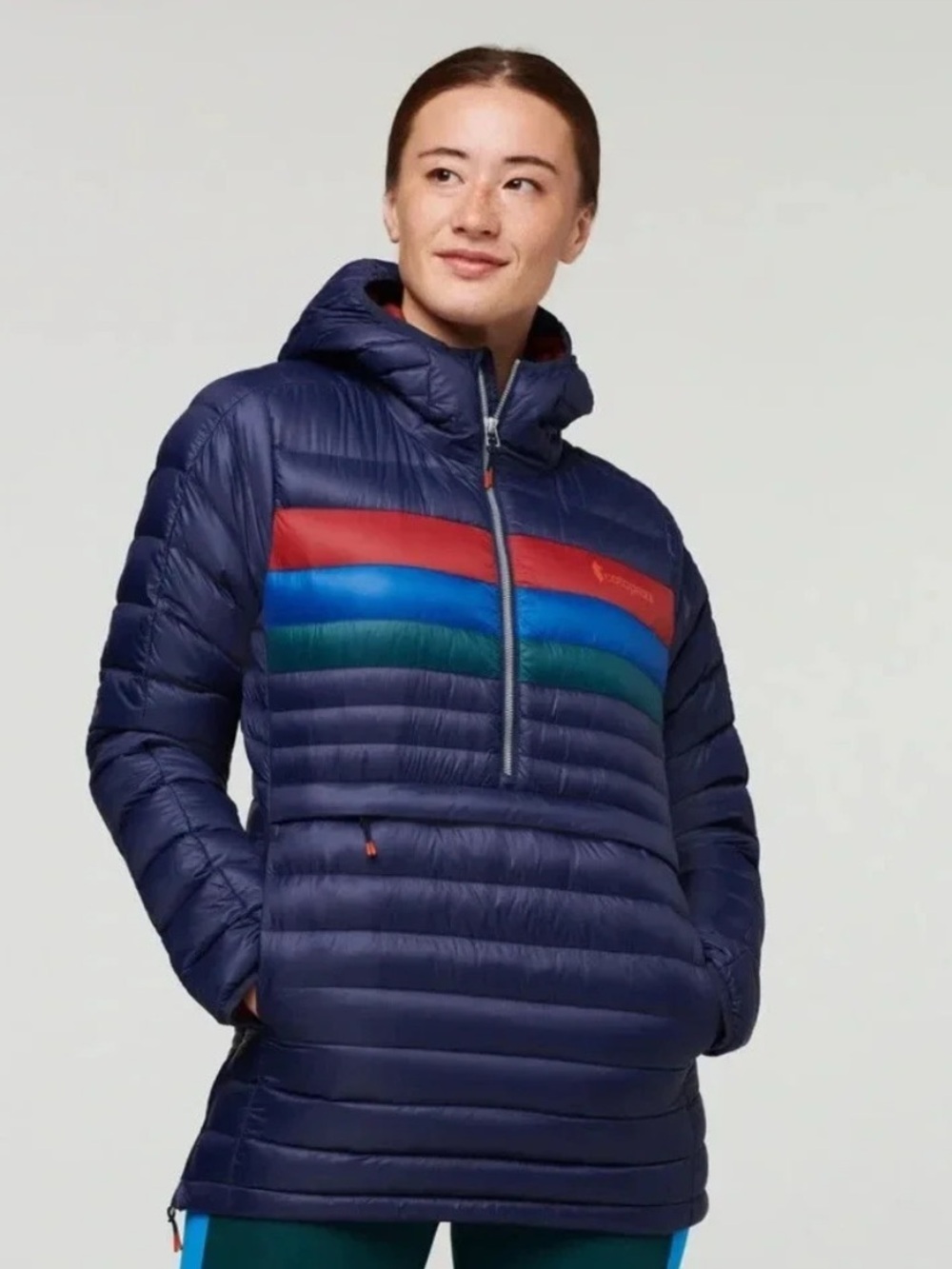cotopaxi Navy Hooded Fuego Pullover with Red, Blue and Teal Stripes